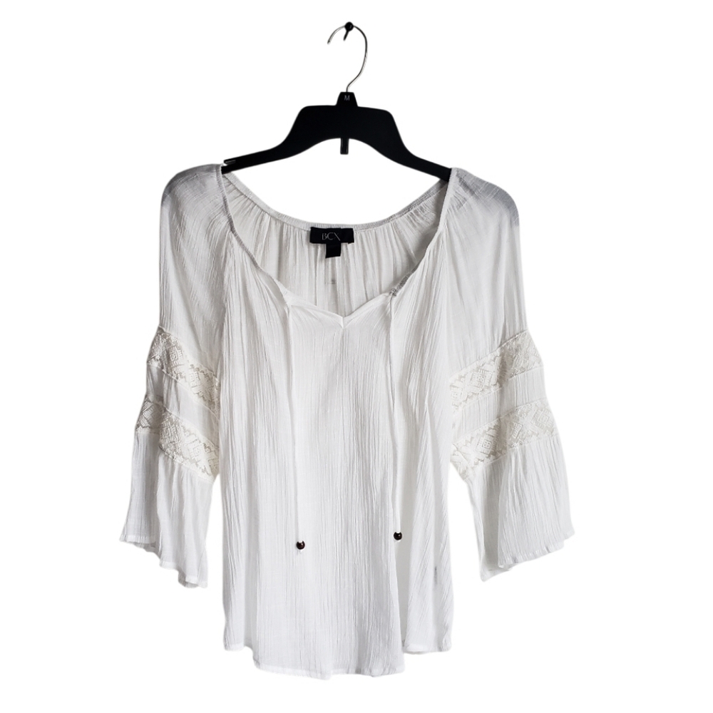 BCX White Peasant Blouse Bell Sleeves  Lace Trim - Small